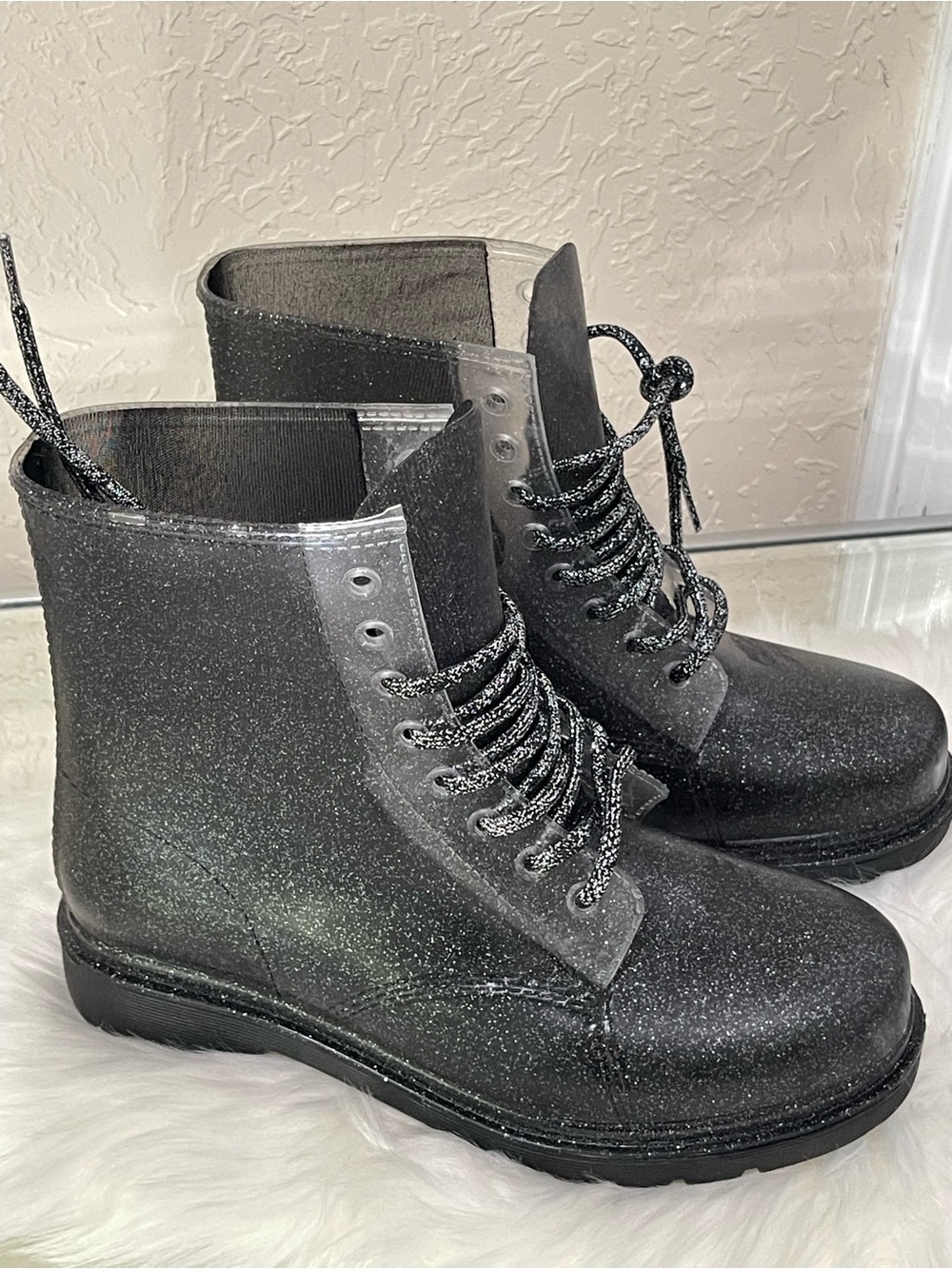 ANDREA Rain boots. Black Glitter Lace-Up Ankle Boots.